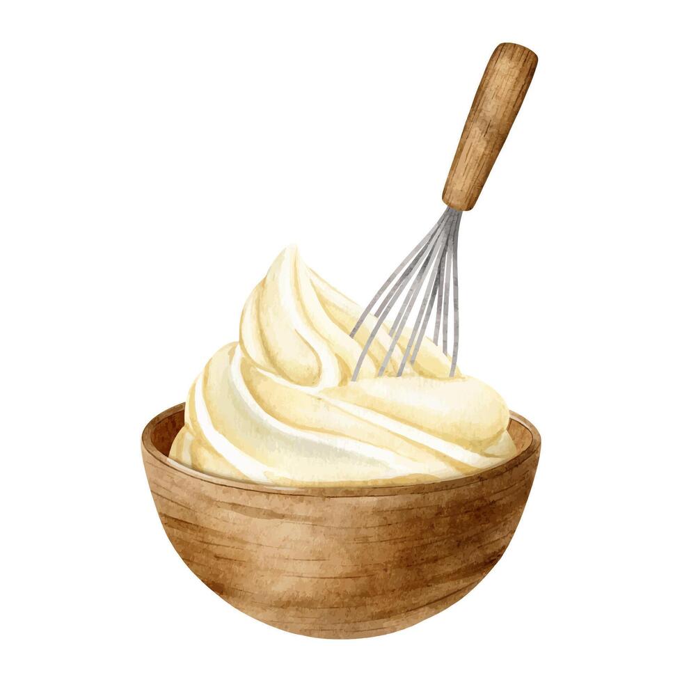 Vorbereitung von Sahne zum Nachspeisen. Süss Creme. ausgepeitscht Creme, Schneebesen. isoliert Aquarell Illustration von Backen Zutaten. Clip Art zum Rezept Buch, Essen Blog, Design von Etikett, Verpackung von gut vektor