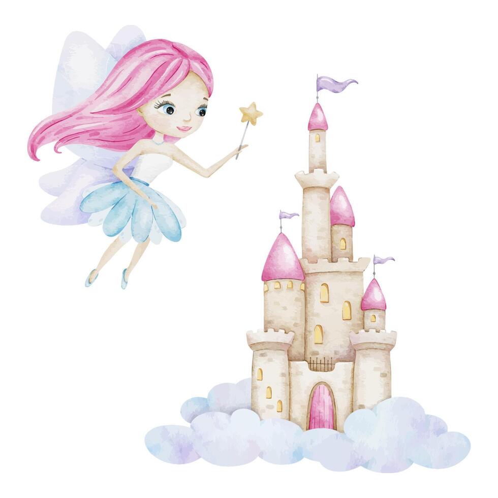 söt liten fe- med berättelse slott för prinsessa i moln. rike med torn, rosa tak, flaggor. isolerat vattenfärg illustration för dekoration av barns rum, bebis dusch, kort, inbjudningar vektor