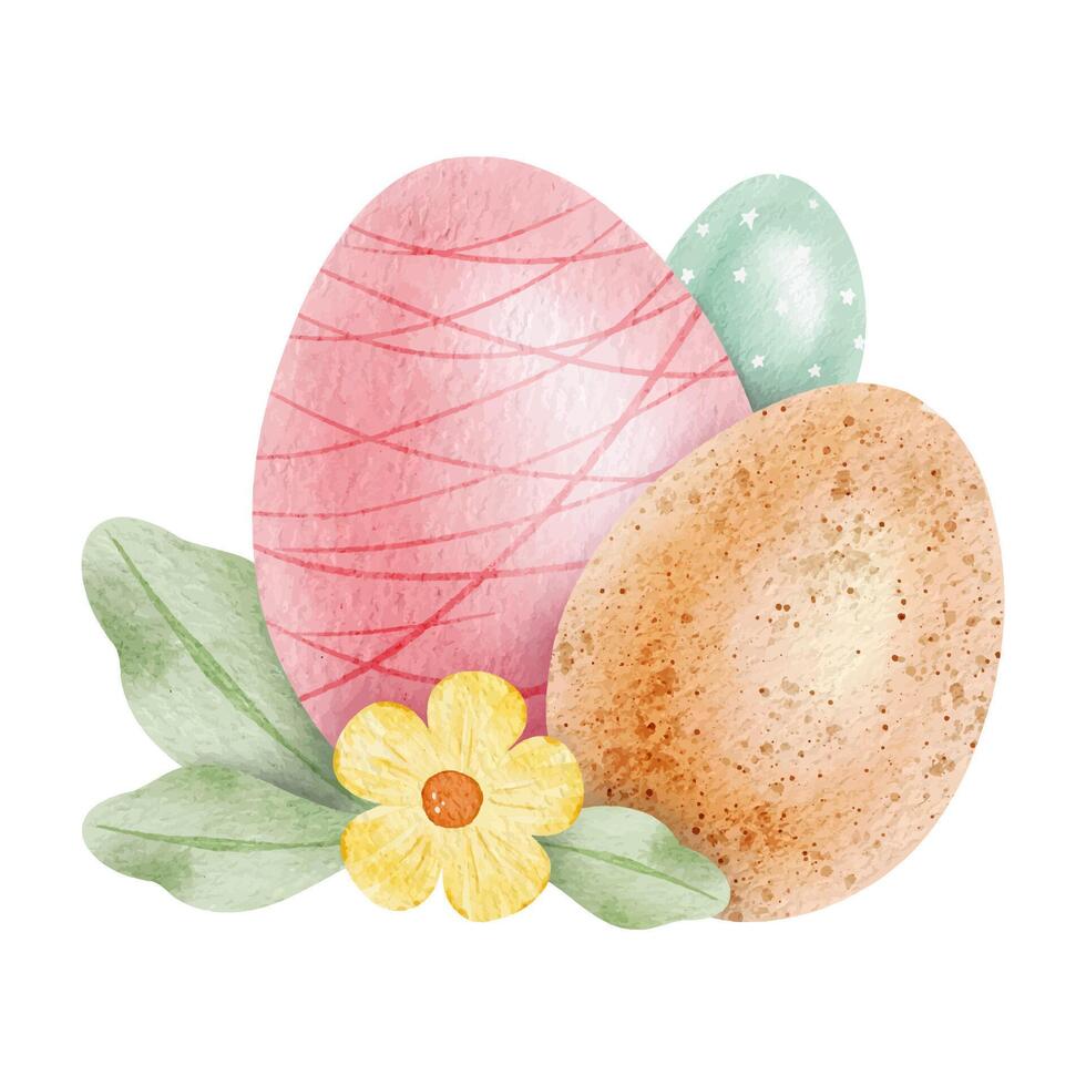 röd, grön, orange påsk ägg, blomma och löv. påsk- begrepp med påsk ägg med pastell färger. isolerat vattenfärg illustration. mall för påsk kort, täcker, posters och inbjudningar. vektor