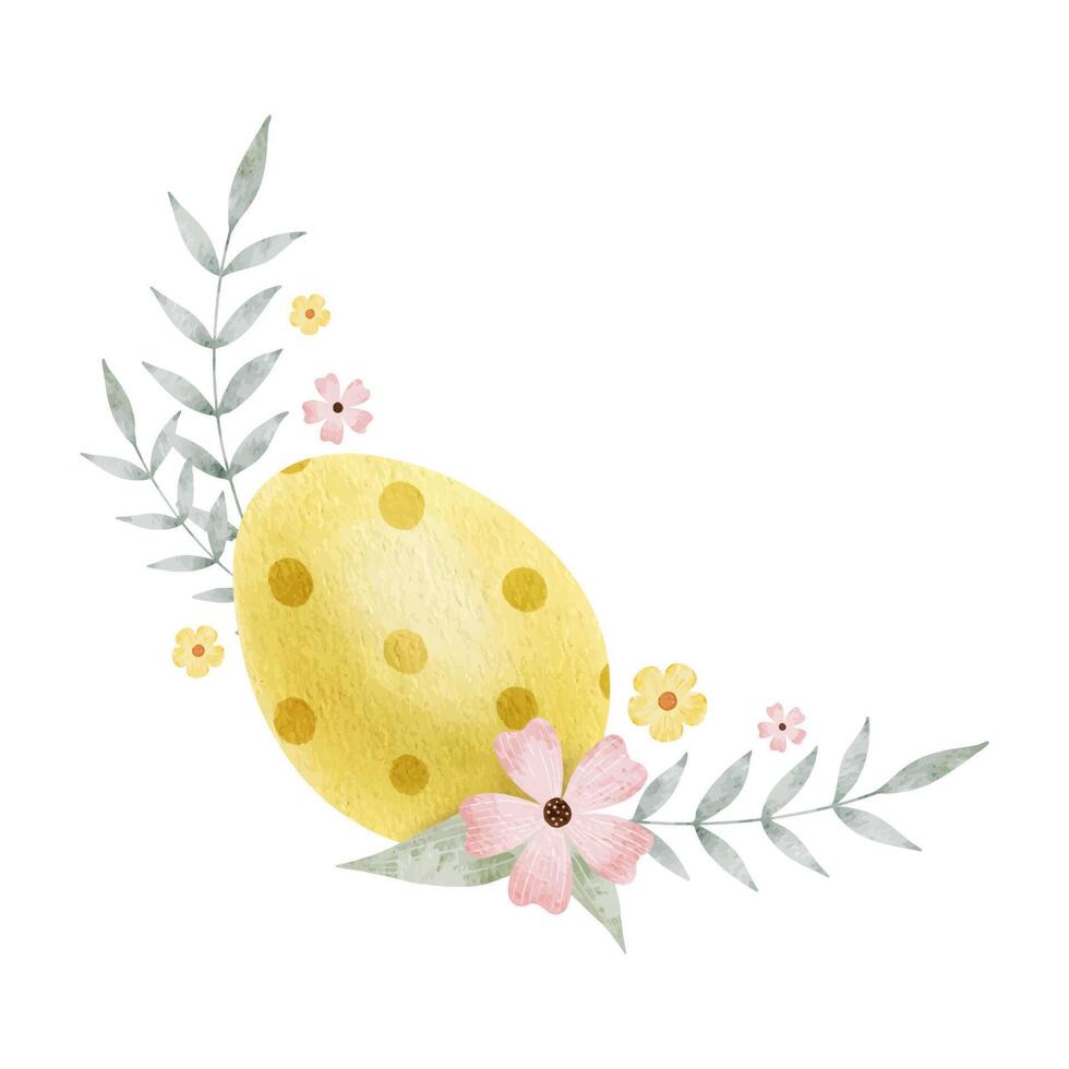 ram av söt färgrik påsk ägg, blommor och löv. påsk- begrepp med gul påsk ägg. isolerat vattenfärg illustration. mall för påsk kort, täcker, posters och inbjudningar. vektor