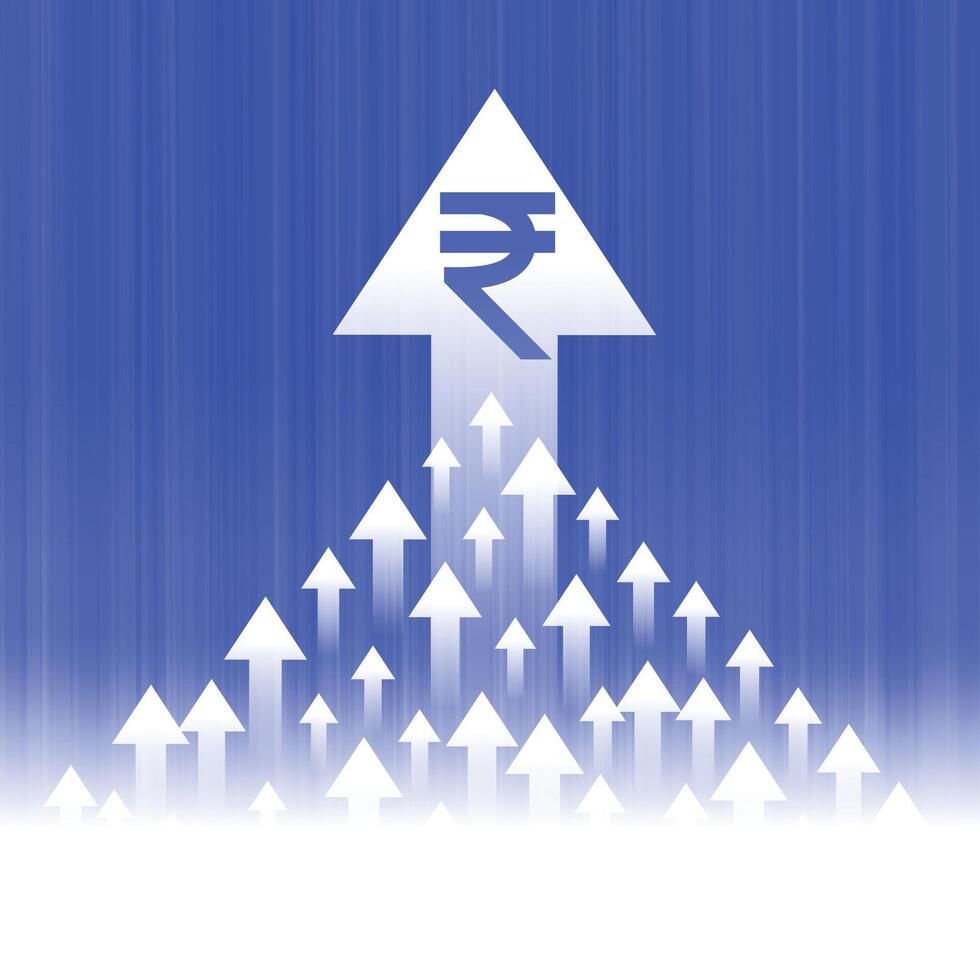 Digital indisch Rupie steigend Wert mit wachsen oben Pfeil Hintergrund vektor
