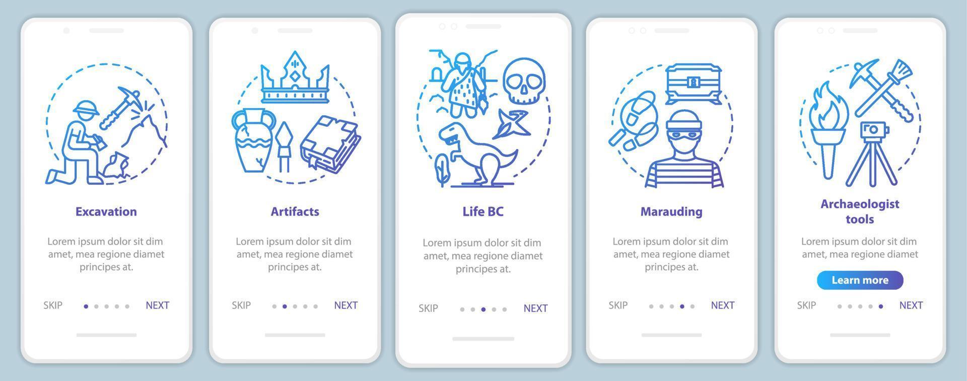 Archäologie Onboarding Mobile App Seite Bildschirm Vektor-Vorlage. Ausgraben und Konservieren von Artefakten. exemplarische Website-Schritte mit linearen Abbildungen. UX, UI, GUI Smartphone-Schnittstellenkonzept vektor