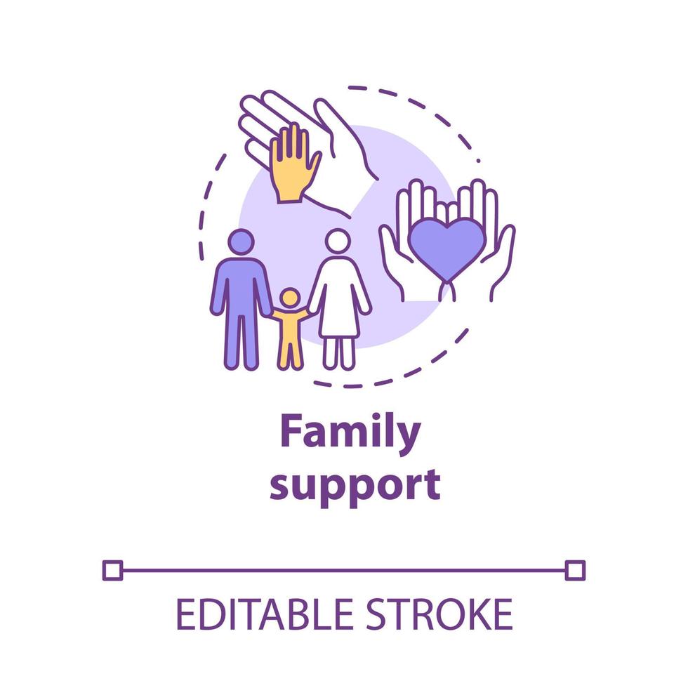 Symbol für das Konzept der Familienunterstützung. elterliche Fürsorge. Angehörige unterstützen. Familieneinheit, Schutz, Hilfeidee dünne Linie Illustration. Vektor isoliert Umriss RGB-Farbzeichnung. bearbeitbarer Strich