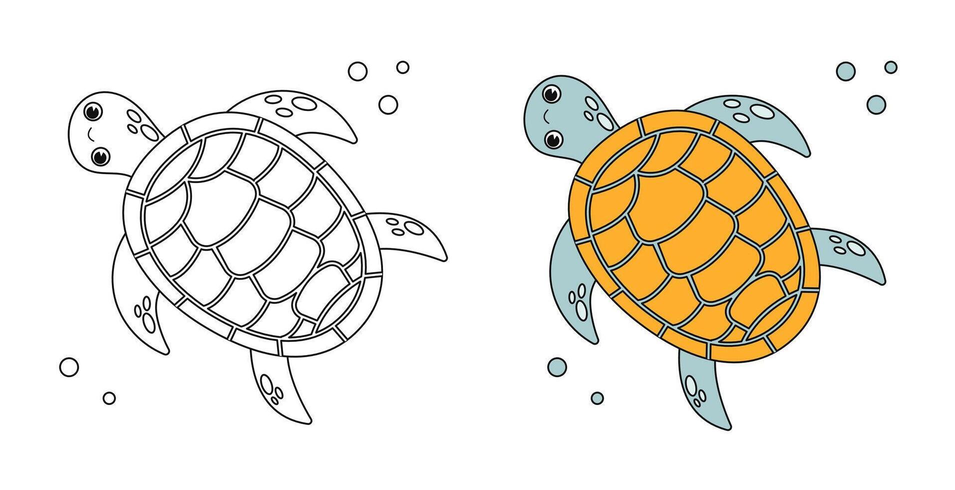 heiter Meer Schildkröte unter Wasser. schwarz und Weiß linear Zeichnung. zum Kinder- Design von Färbung Bücher, Drucke, Poster, Karten, Aufkleber, Rätsel, usw. Vektor Lager Illustrator