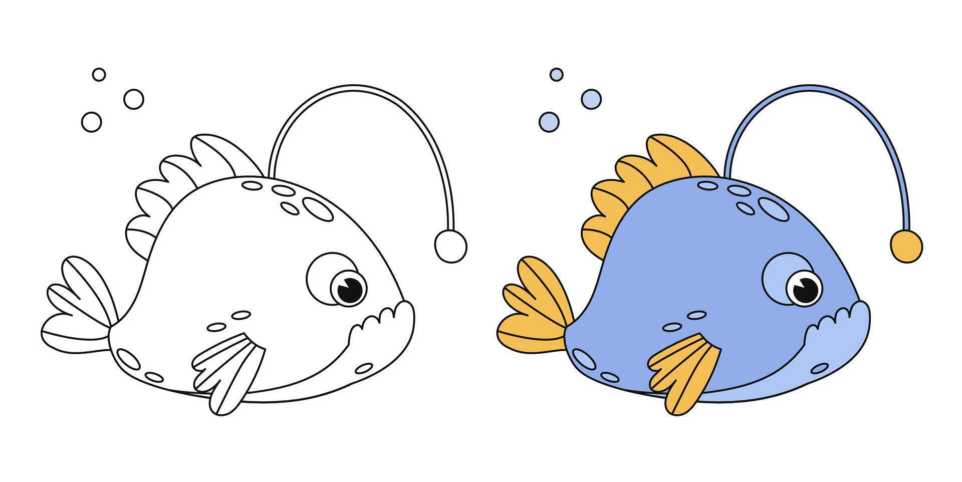 süß Fisch Karikatur Färbung Seite Illustration Vektor. zum Kinder Färbung Buch. einfarbig und Farbe Ausführung. Vektor Kinder Illustration