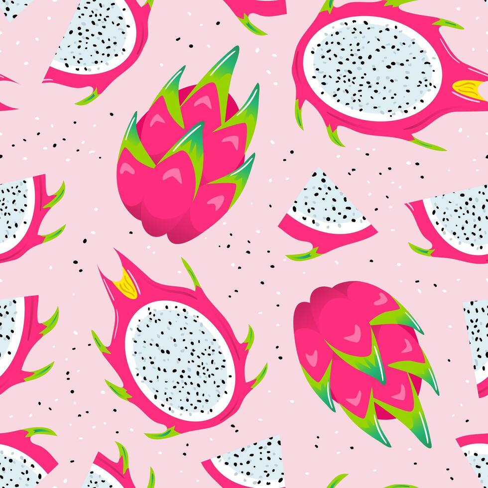 pitahaya. drake frukt sommar sömlös mönster. friska mat, veganer. veganär. kaktus. tropisk exotisk frukter, löv. friska mat. för meny, Kafé, tapet, tyg, omslag vektor