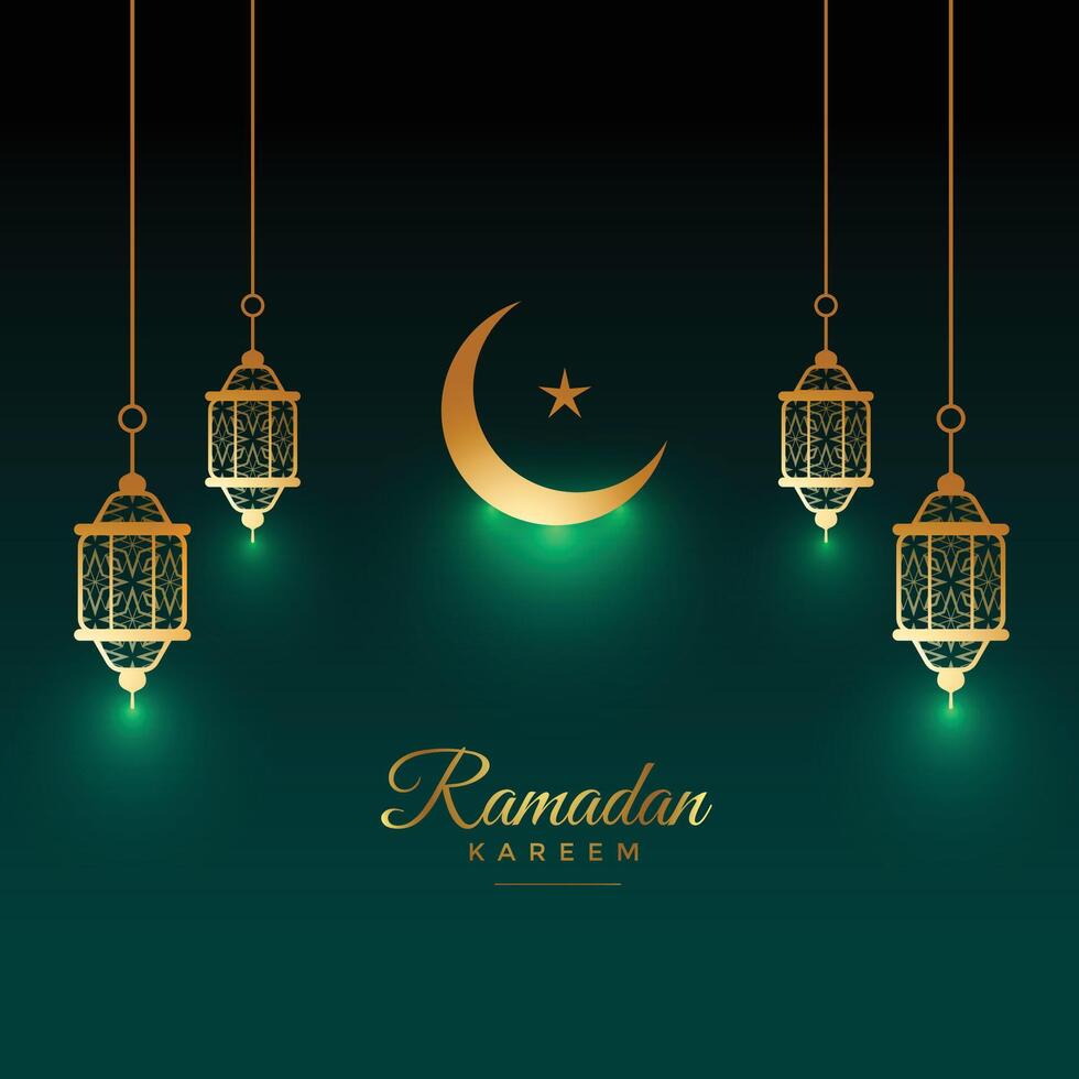 eid ramadan kareem skinande kort med lampa och måne dekoration vektor