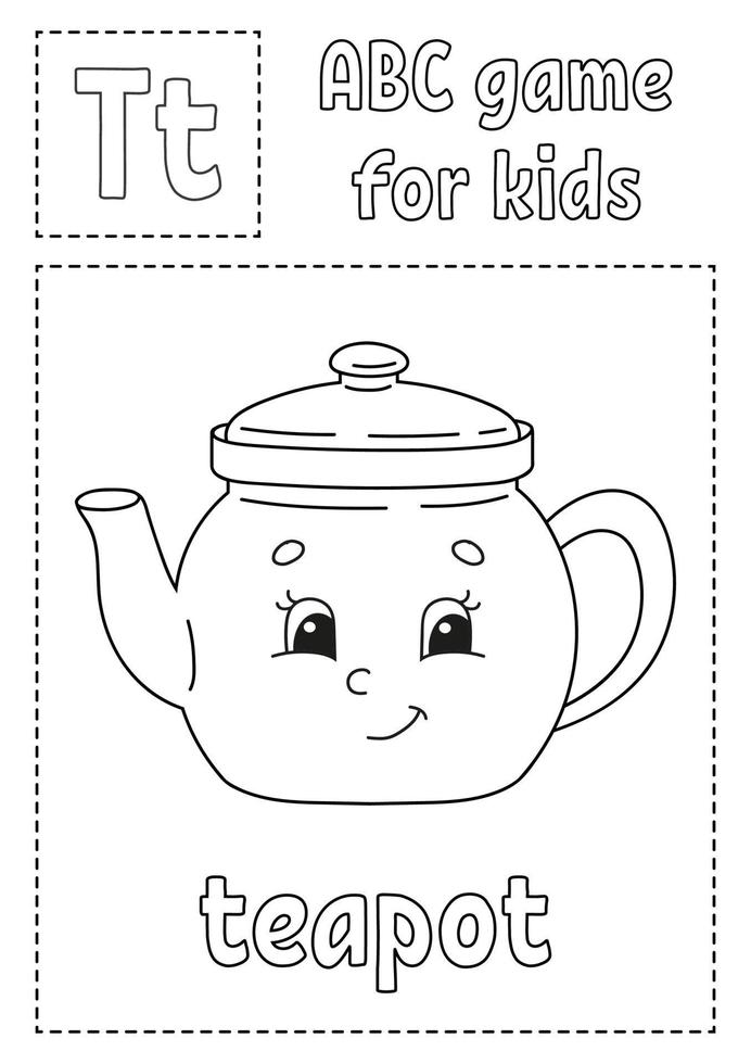 Buchstabe t steht für Teekanne. ABC-Spiel für Kinder. Alphabet-Malvorlagen. Zeichentrickfigur. Wort und Buchstabe. Vektor-Illustration. vektor