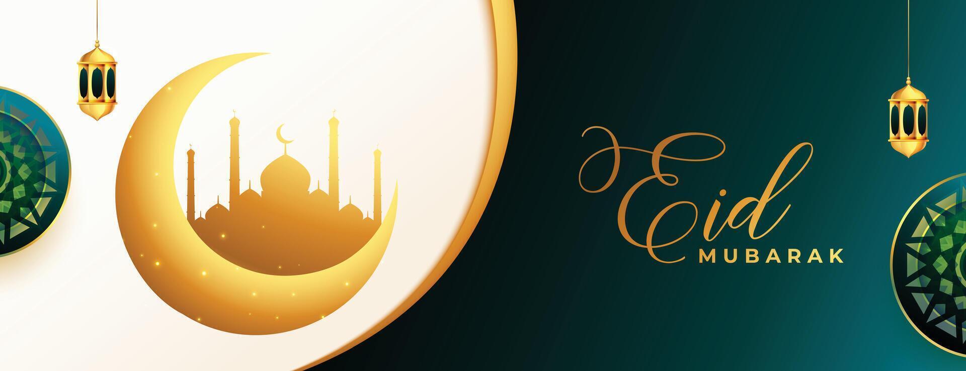 golden Mond und Moschee auf islamisch Festival eid Mubarak Banner vektor