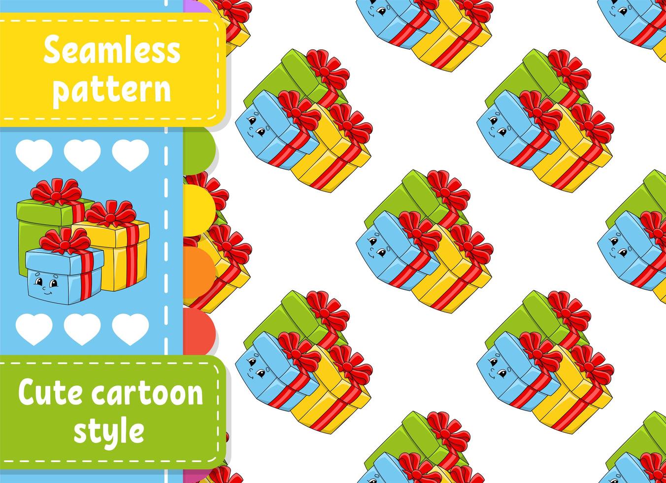 farbiges nahtloses Muster. Weihnachtsboxen mit Geschenken, die mit Schleifenbändern verziert sind. Cartoon-Stil. Weihnachtsthema. Vektor-Illustration isoliert auf weißem Hintergrund. vektor