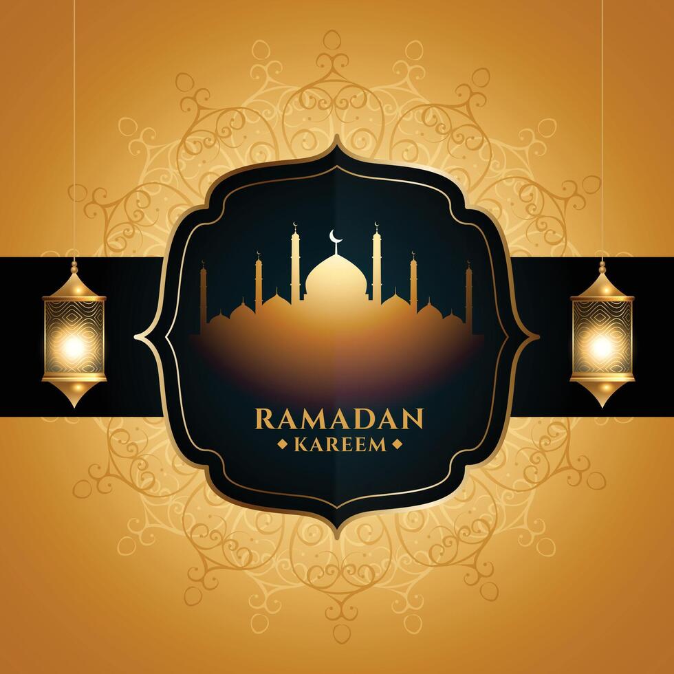 golden Ramadan kareem Gruß mit Moschee und Laterne vektor