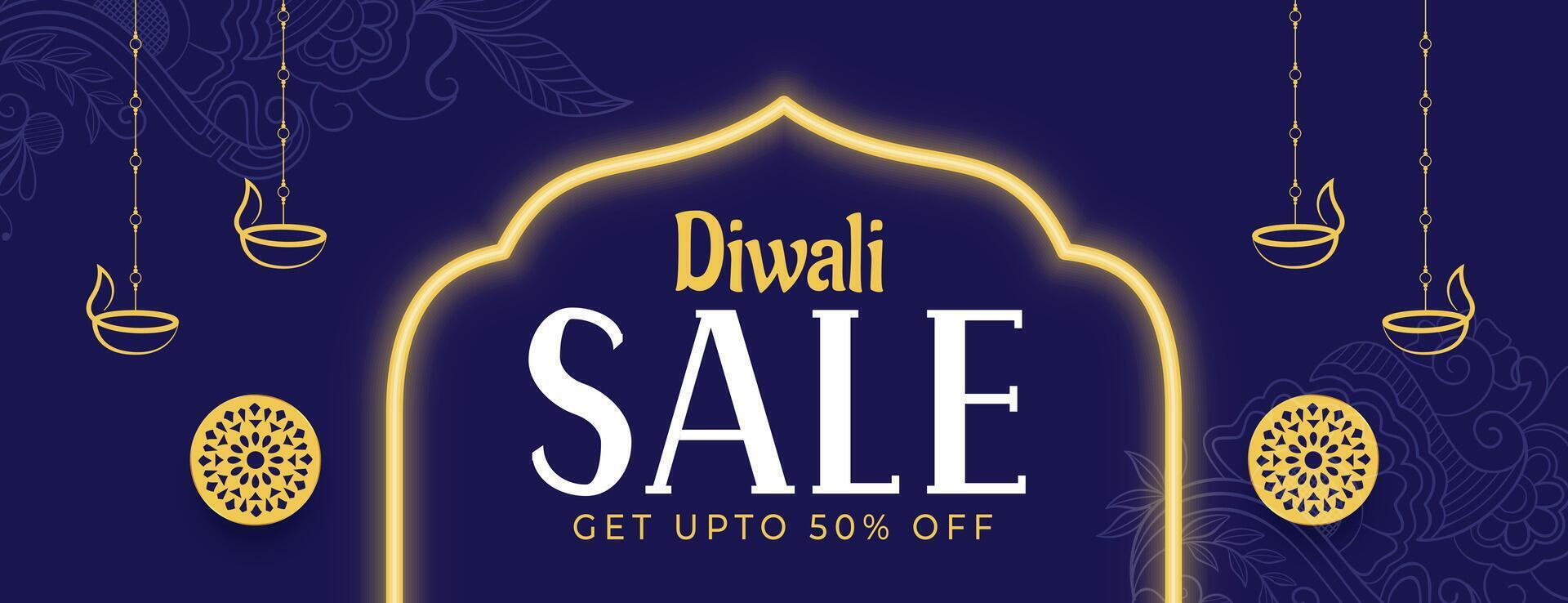 glücklich Diwali Verkauf Blau Banner mit Neon- Rahmen vektor
