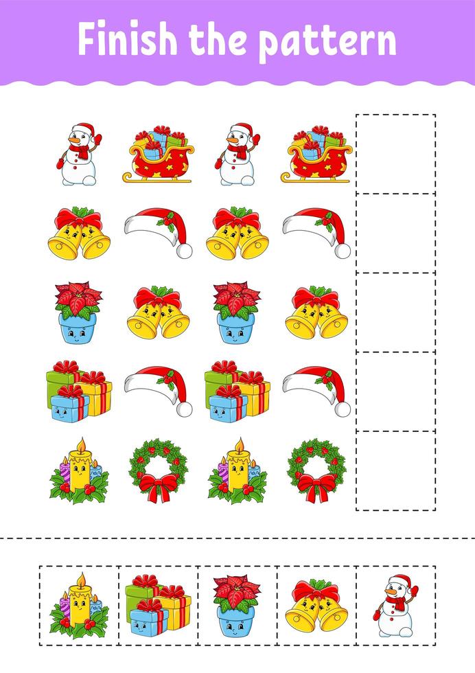 beenden Sie das Muster. schneiden und spielen. Weihnachtsthema. Arbeitsblatt zur Bildungsentwicklung. Aktivitätsseite. Zeichentrickfigur. vektor