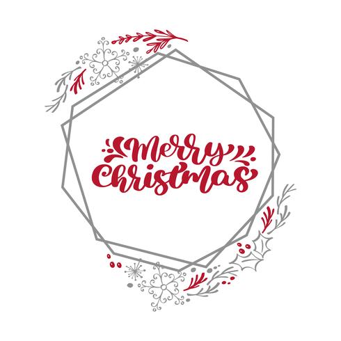 Frohe Weihnachten-Kalligraphievektortext in Weihnachtsblumen- und -geometrieelementrahmenkranz. Schriftgestaltung im skandinavischen Stil. Kreative Typografie für Holiday Greeting Gift Poster vektor