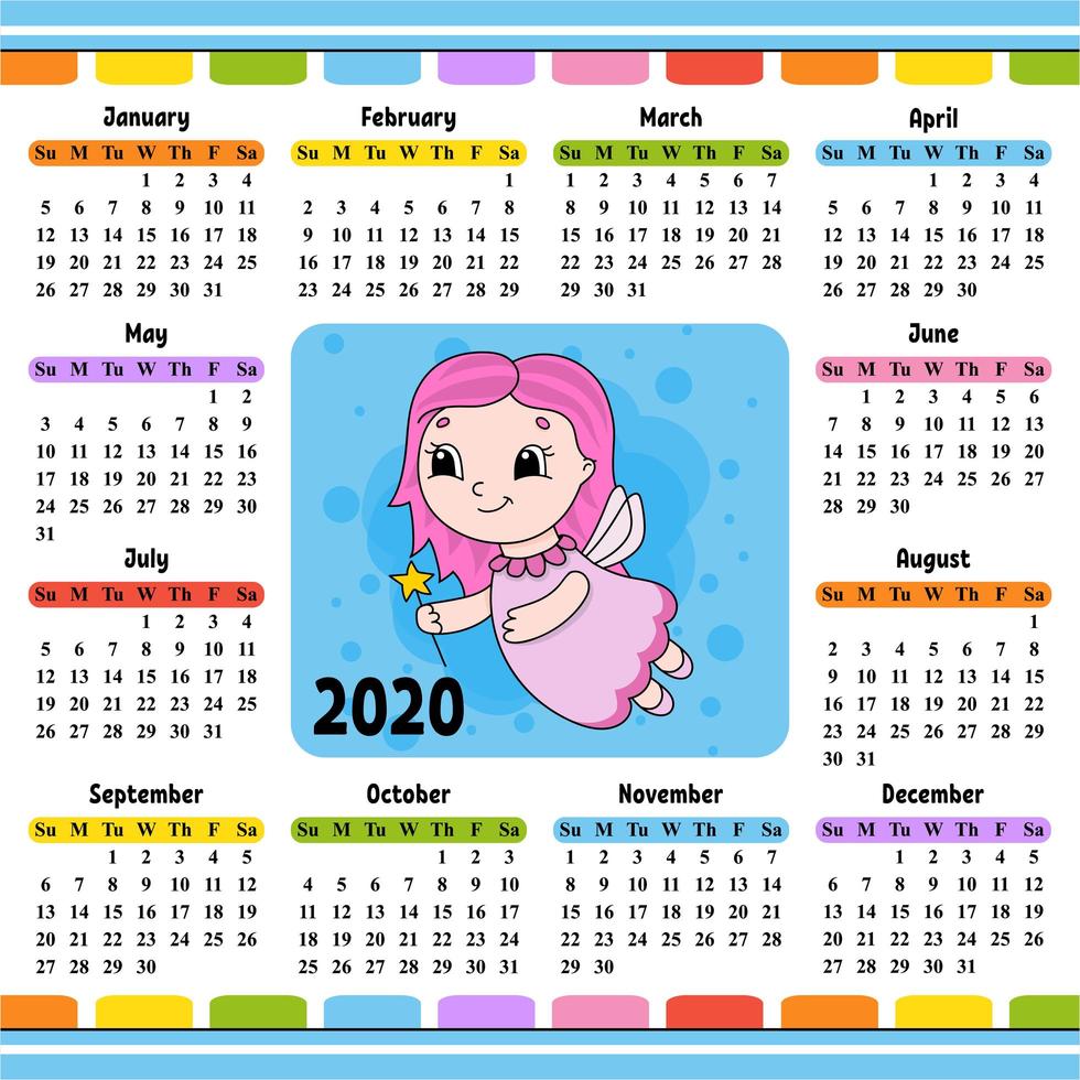 junge Zahnfee in einem Kleid mit Flügeln und einem Zauberstab. Kalender für 2020 mit einem süßen Charakter. Spaß und helles Design. isolierte Farbvektorillustration. Cartoon-Stil. vektor