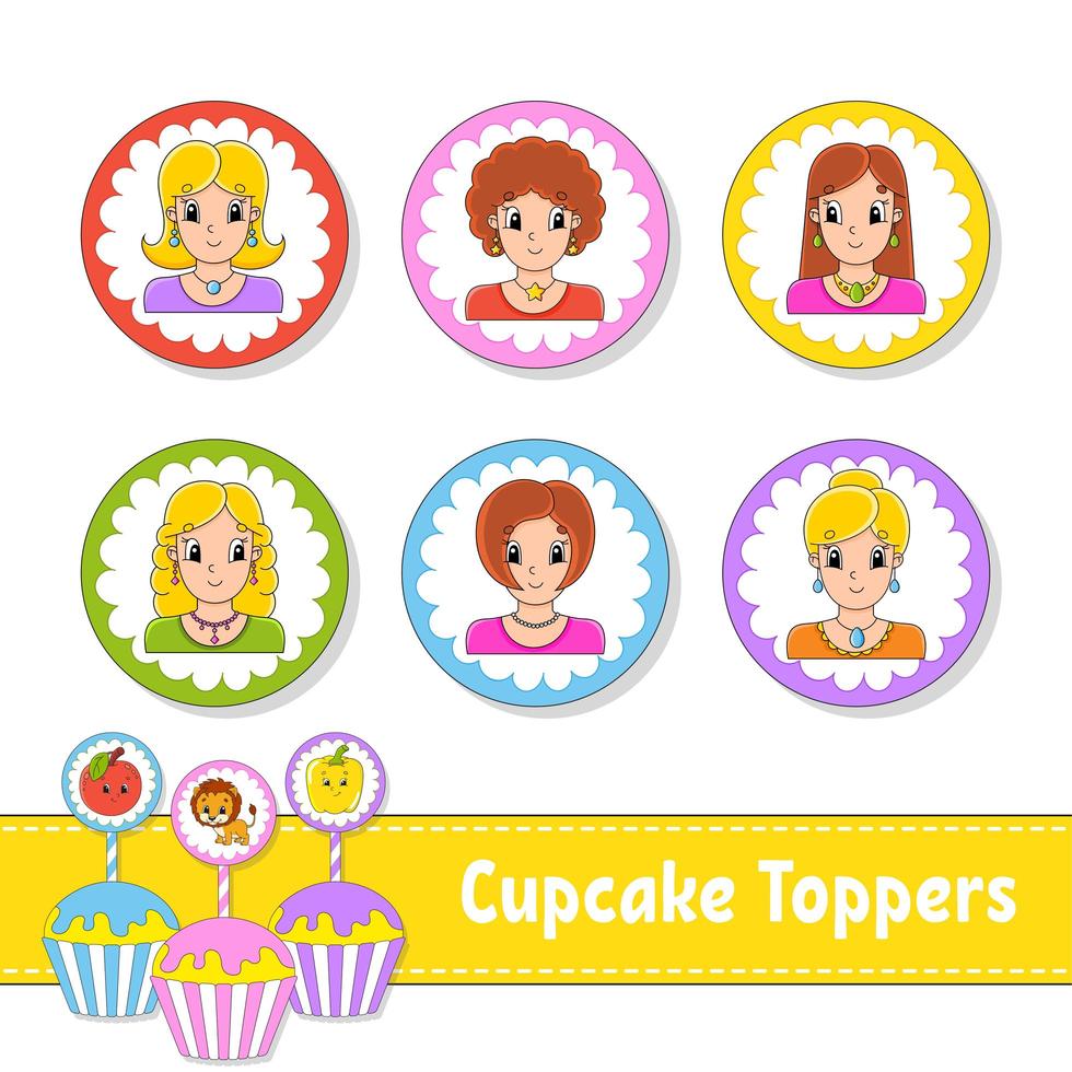 cupcake toppers. uppsättning av sex runda bilder. härliga leende tjejer. seriefigurer. söt bild. för födelsedag, fest, babyshower. vektor