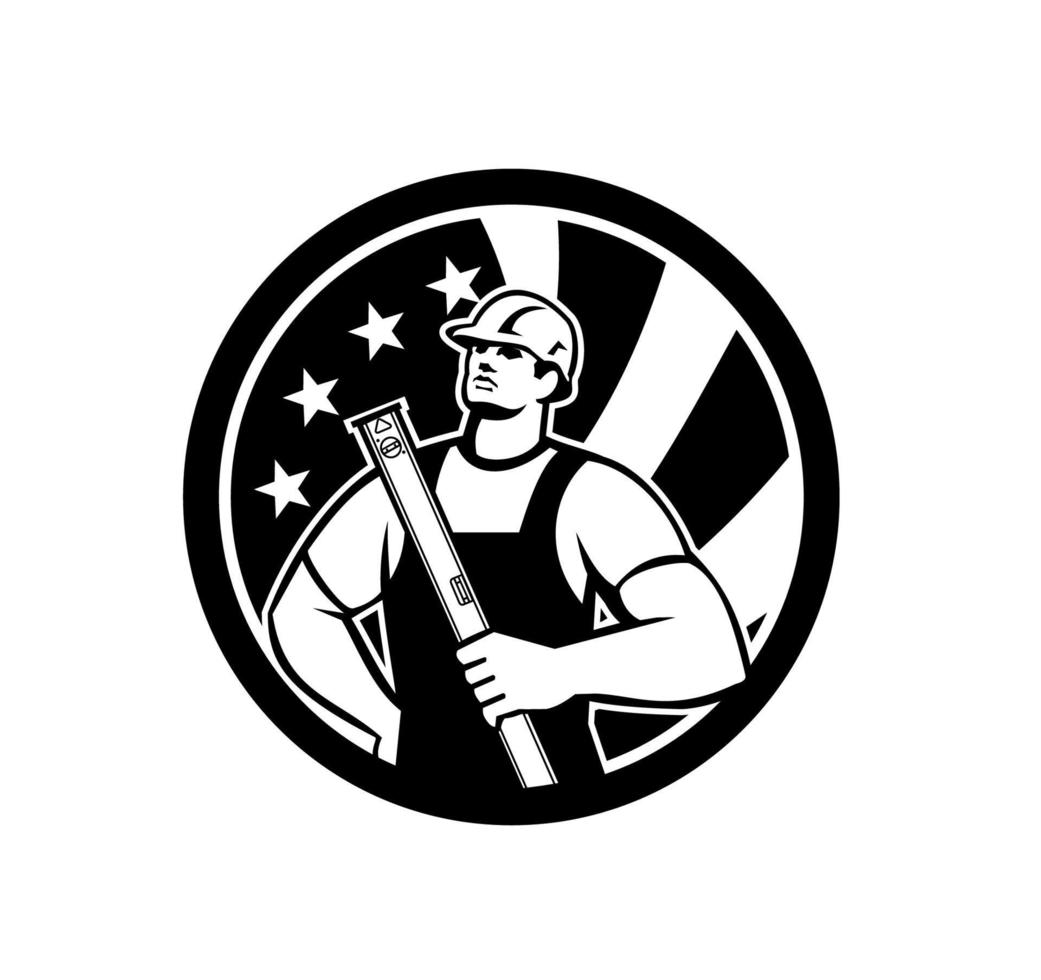 amerikanischer tischler, der wasserwaage mit usa-flaggenkreisikone retro blacka und weiß hält vektor