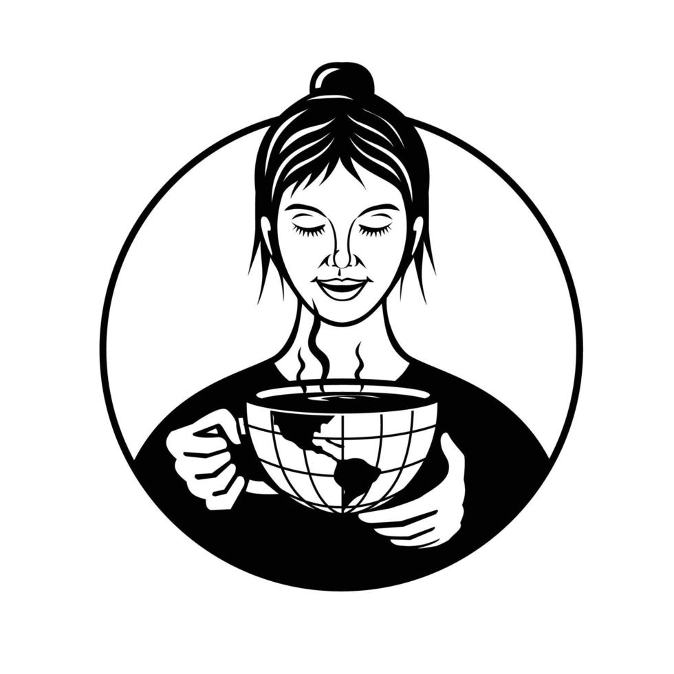 kaukasisk kvinna som håller och dricker en kopp kaffe gjord av världen med karta över Amerika vektor