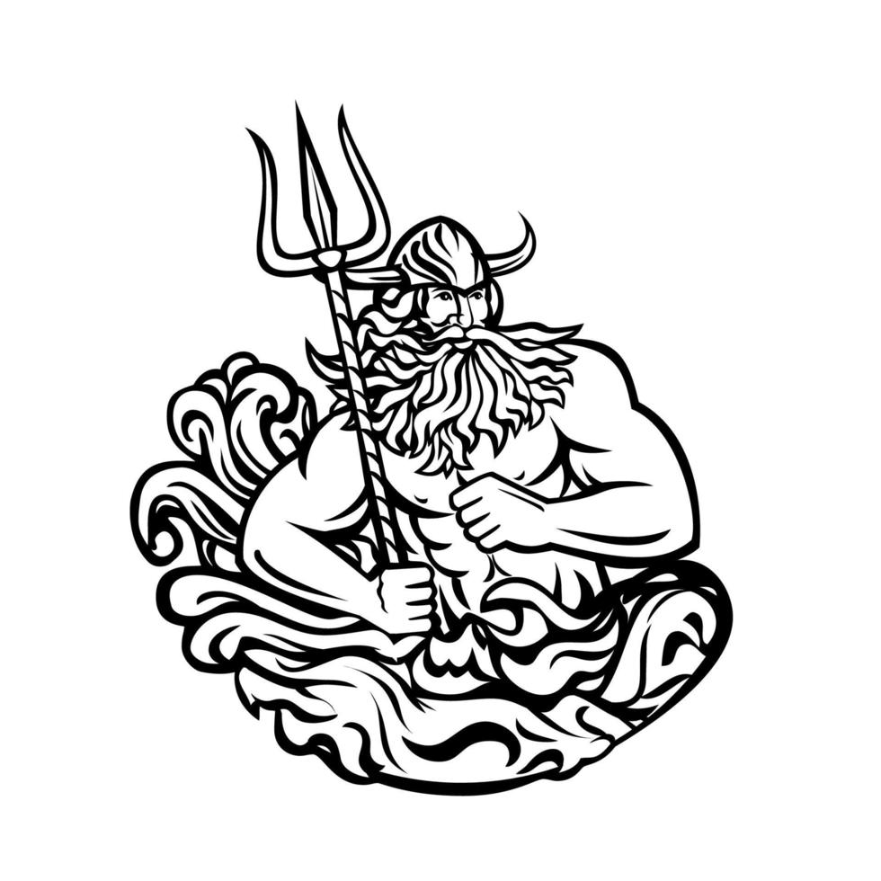 Aegir hler oder Gymir Gott des Meeres in der nordischen Mythologie mit Dreizack und Wellen Maskottchen schwarz-weiß retro vektor