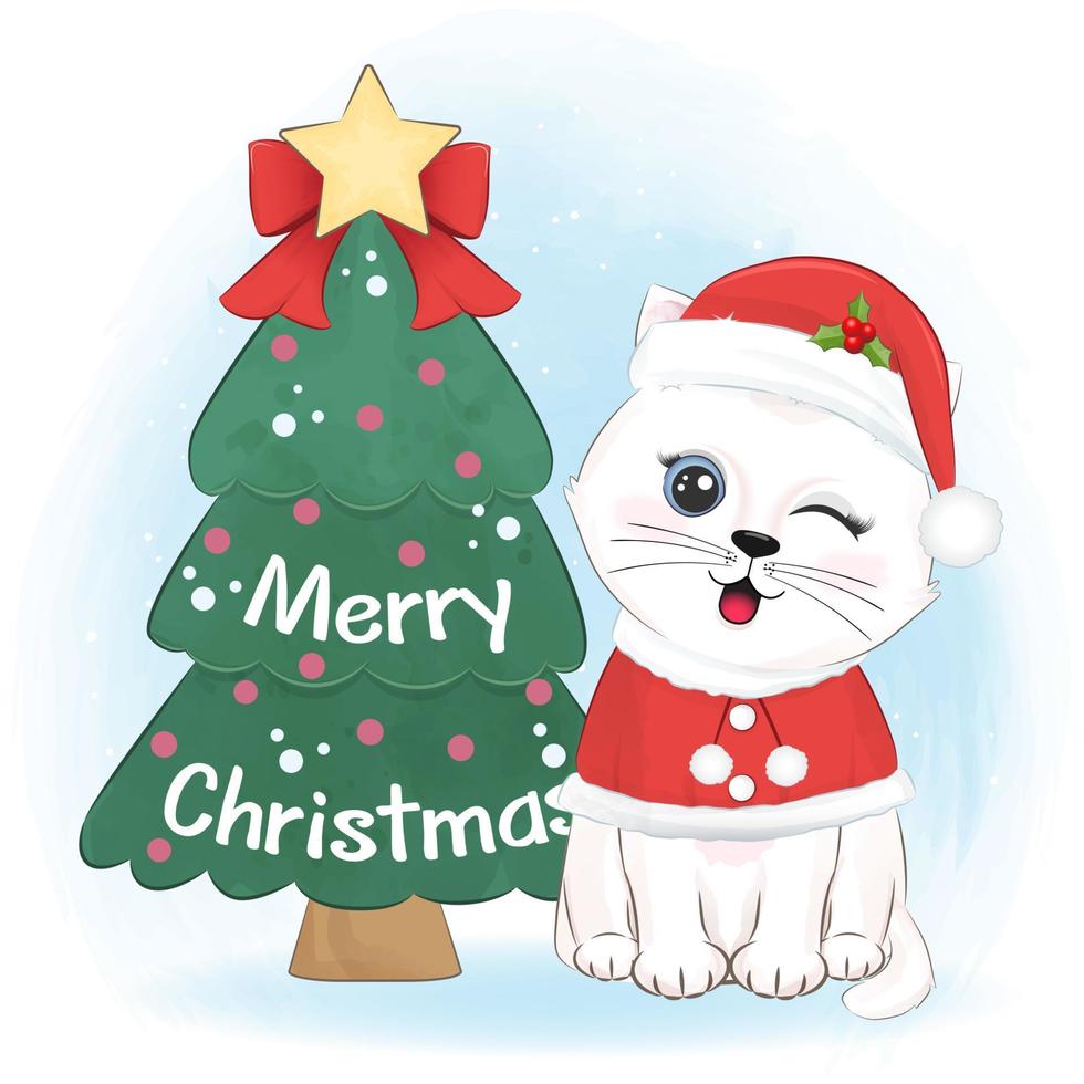 söt katt och julgran. julsäsong illustration. vektor