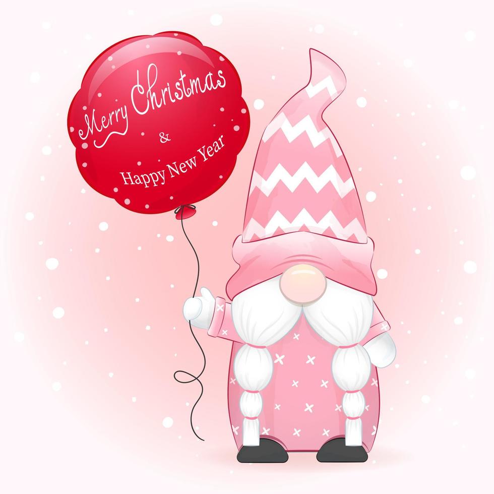 söt gnome och röd ballong jul illustration vektor