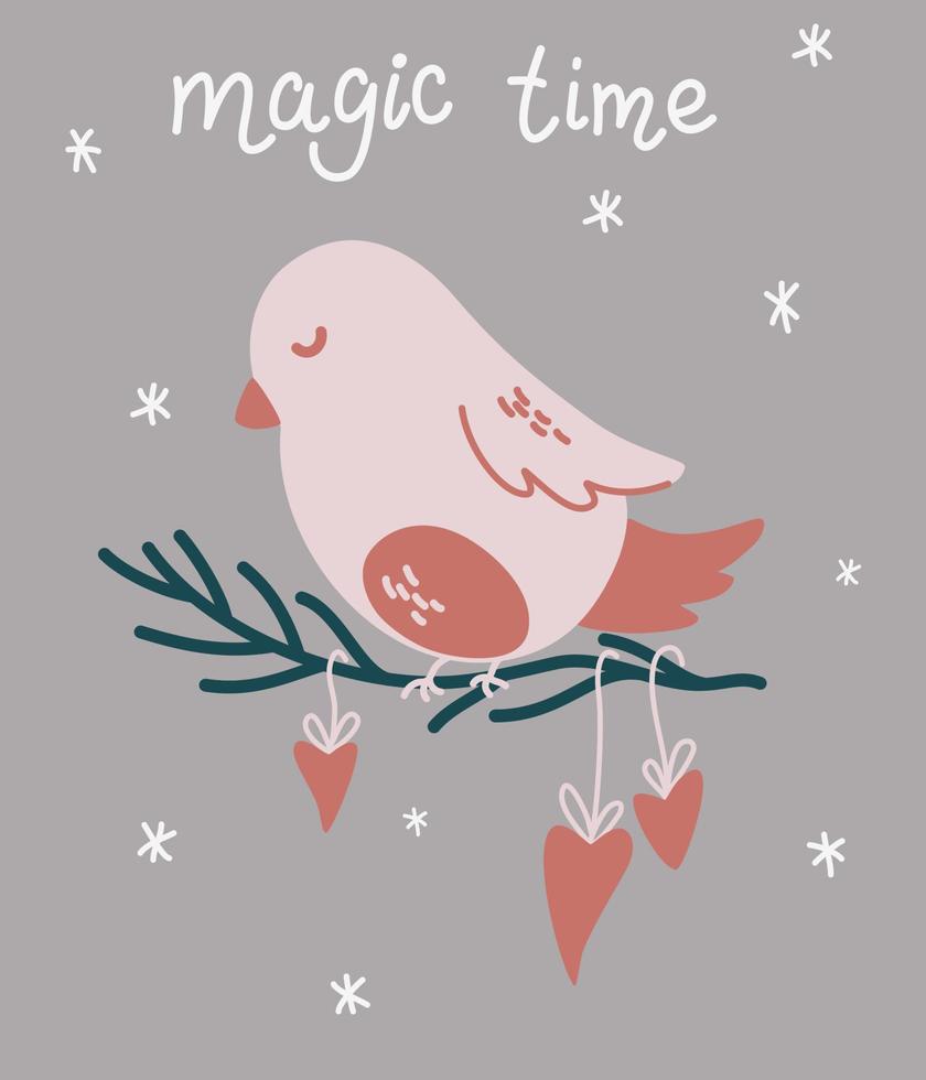 julfågeln sitter på en gren. magisk tid. mall för julkort för xmas design med fågel och bokstäver. vinter semester symbol. vektor hand rita tecknad illustration.