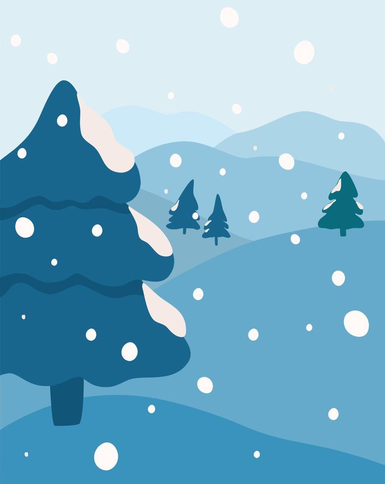 vinterlandskap, snöfall i skogen. granar, berg och snö. bakgrund för banderoller, gratulationskort, affischer och reklam, gott nytt år och god jul vektorillustration vektor