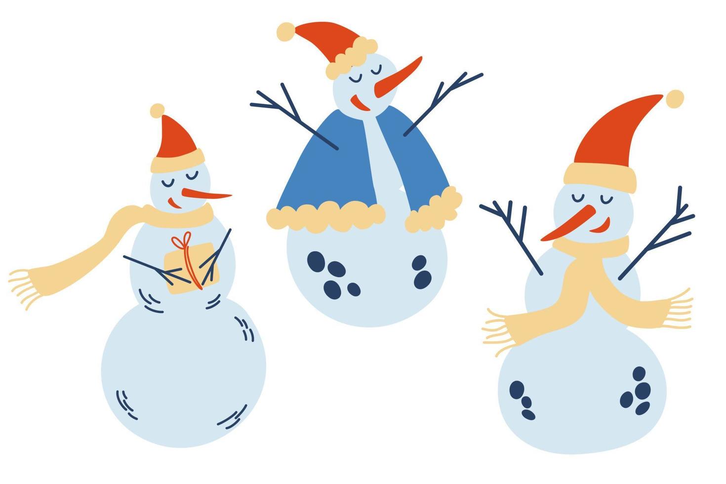 süße weihnachtsschneemännerkollektion. lustige Schneemänner in verschiedenen Posen, Mützen und Schals. Neujahrsmuster für Design zu einem Weihnachtsthema. Vektor-Winter-Illustration. vektor