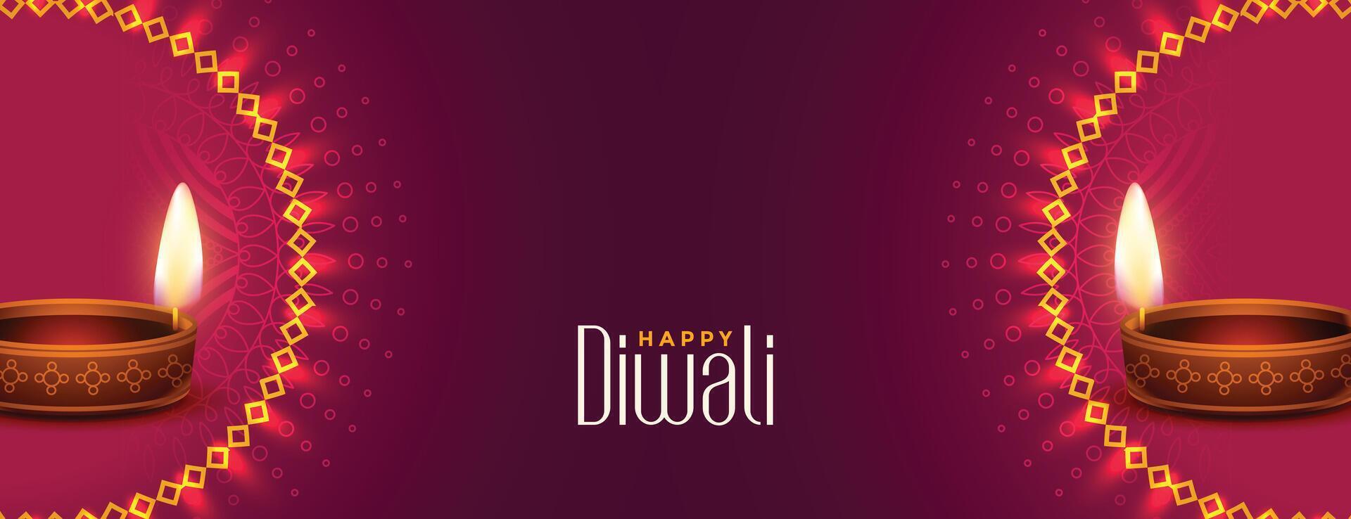 glänzend glücklich Diwali Banner mit realistisch Diya vektor