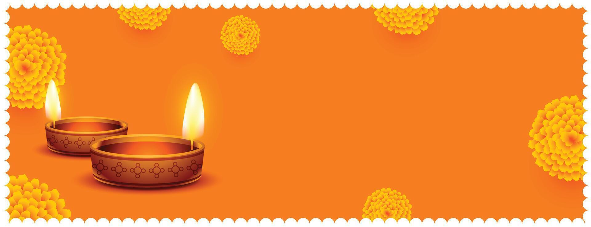 traditionell realistisk Lycklig diwali blommor och diya orange baner vektor