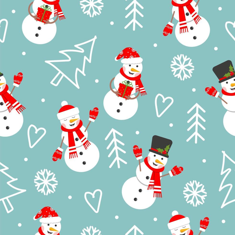 seamless mönster med glad snögubbe, träd, snöflinga. symbol för julhelgen, platt vektorillustration. vektor