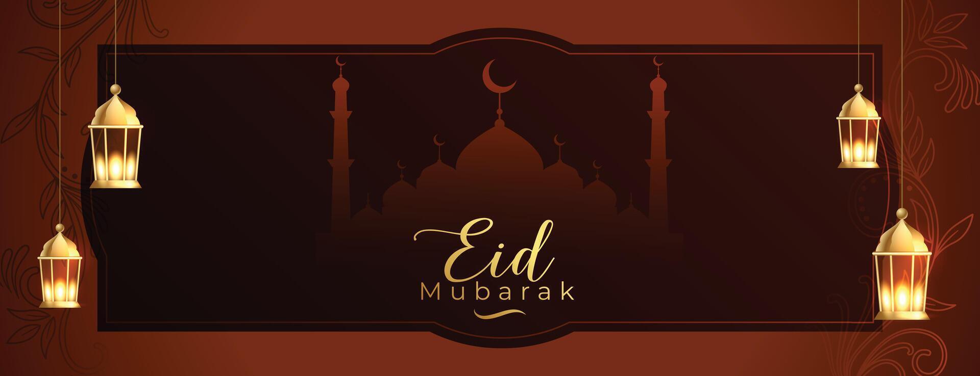 skön eid mubarak Semester tapet med moské och lysande lampa vektor