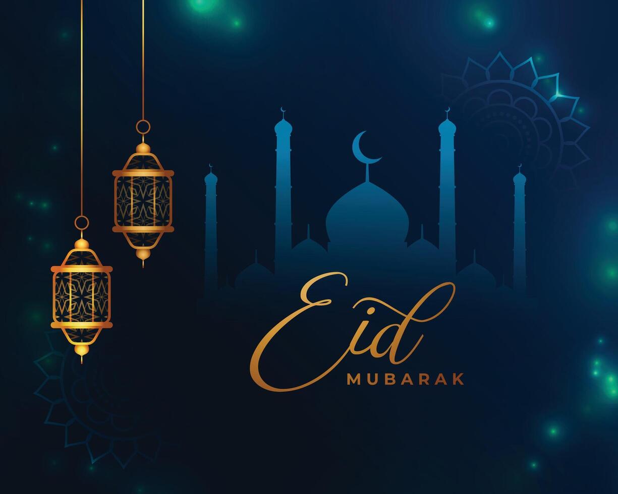 eid mubarak hälsning bakgrund med moské och lykta vektor