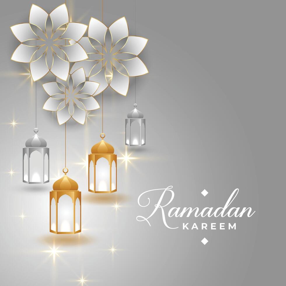 ramadan kareem gyllene och silver- hälsning kort design vektor