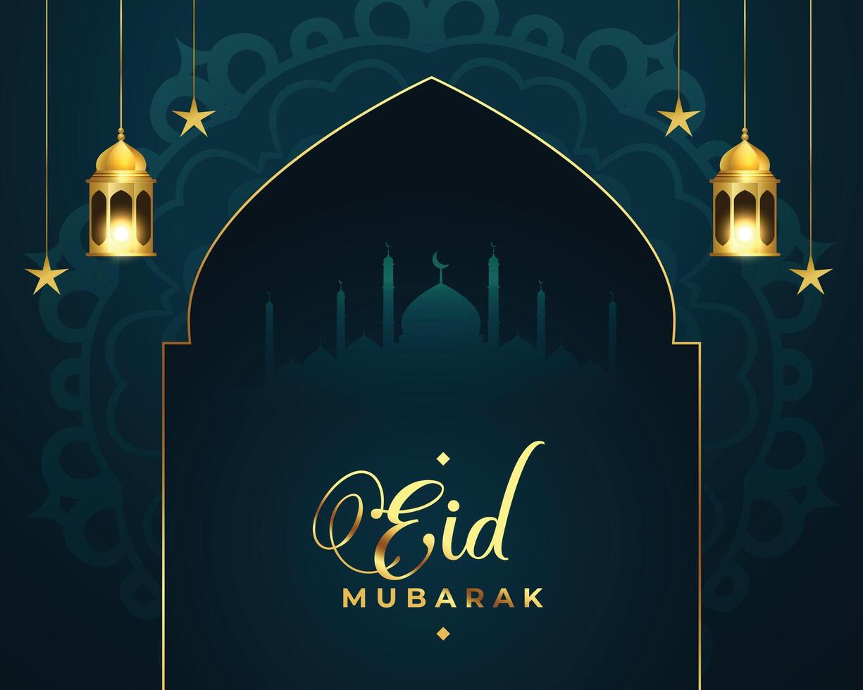 islamisch eid Mubarak Moschee und Laterne Gruß Hintergrund vektor