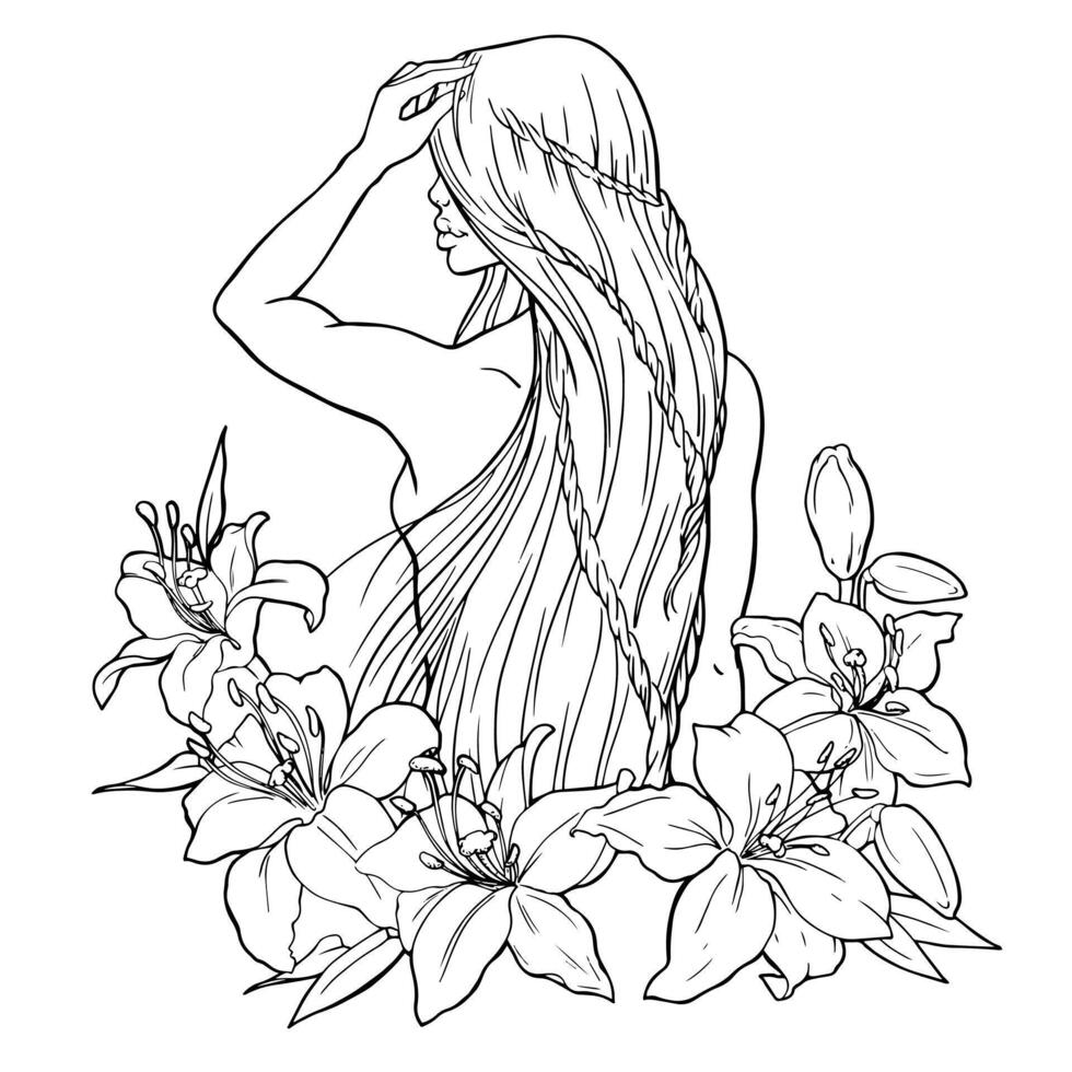 grafisk teckning förbi hand. bild av en naken flicka med en lång kvinna frisyr och blommor. för de design av de webbplats, företag kort, frisör, etiketter för hår vård Produkter. vektor. vektor