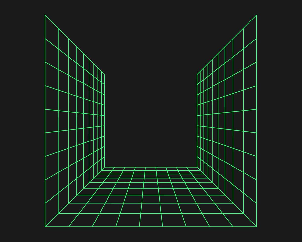 förvrängd cyber rutnät. cyberpunk geometri element y2k stil. isolerat grön maska på svart bakgrund. vektor