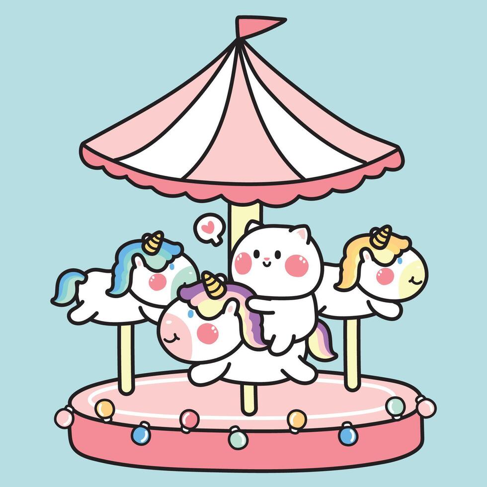 söt katt sitta på enhörning karusell i tema park.pet tecknad serie karaktär design.djur hand ritade.spela och roligt tid.mjau lover.kawaii.vector.illustration. vektor