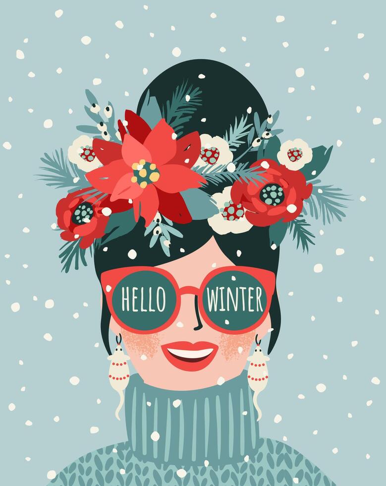 Hallo Winter. Illustration von jung Frau. modisch retro Stil. Vektor Design Vorlage.