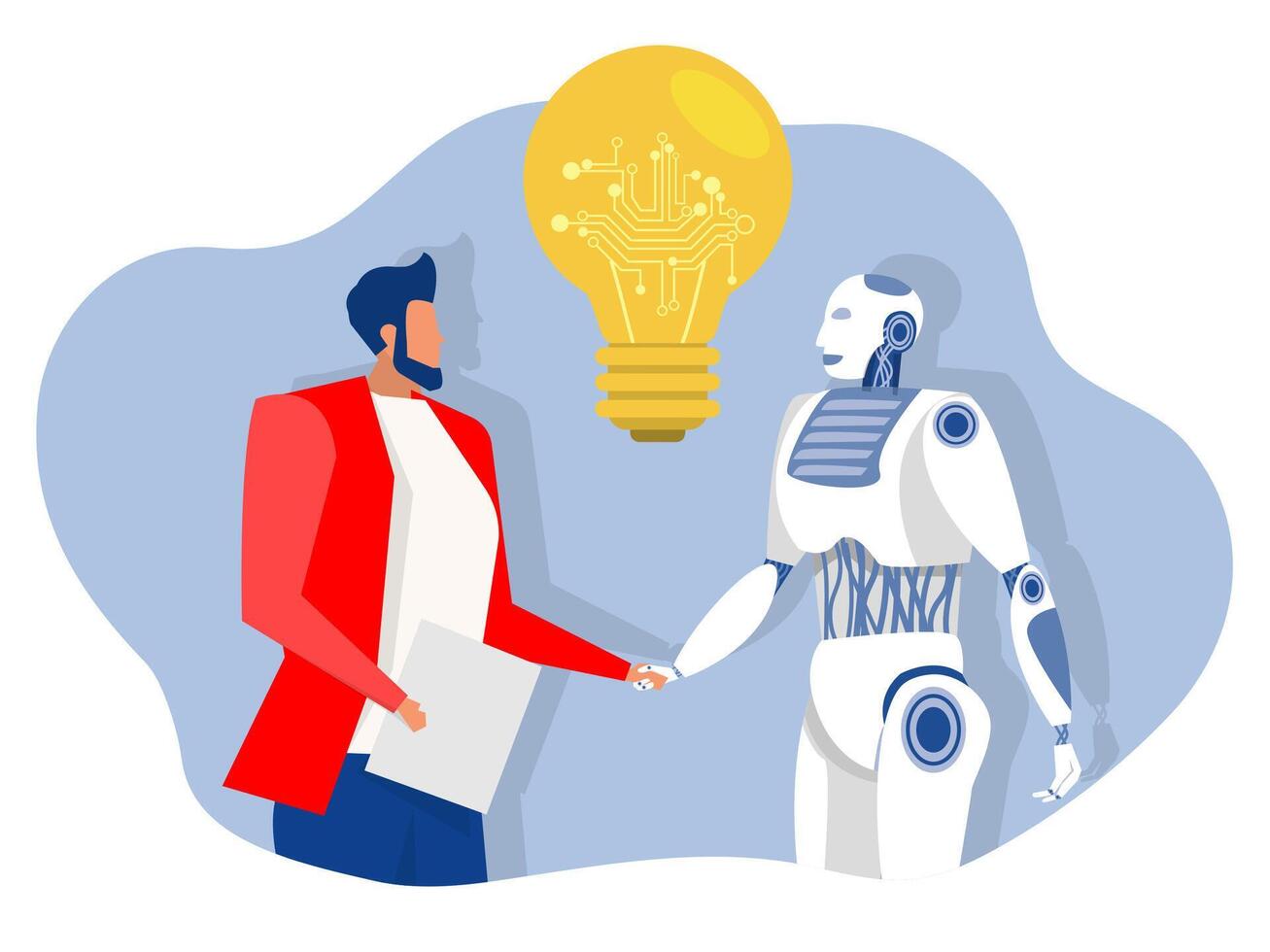 Partnerschaft Kontakt, Geschäftsmann passend Cyborg Idee oder künstlich Intelligenz Technologie futuristisch, ai, Maschine Zukunft Zusammenarbeit Vektor Illustrator