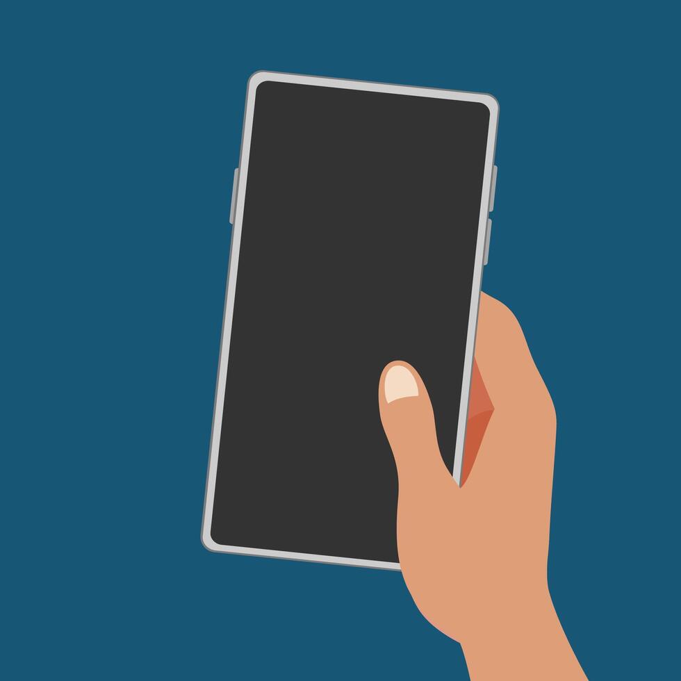 en skön hand gripa tag i en vit tom skärm smartphone mall isolerat bakgrund platt vektor illustration.social kommunikation, spel, arbetssätt med smartphone