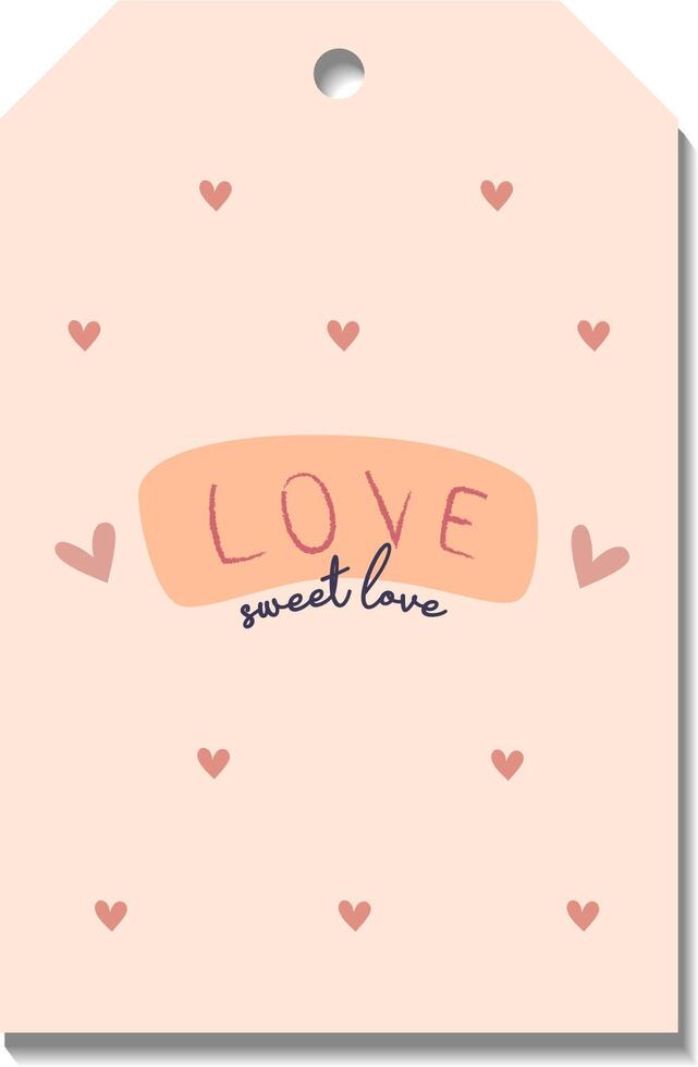 enda hand dra valentine etiketter, märke isolerat på vit etikett med text kärlek ljuv kärlek, ord kärlek och hjärtan. märka i klotter stil. persika fuzz,beige, rosa och röd färger. vektor