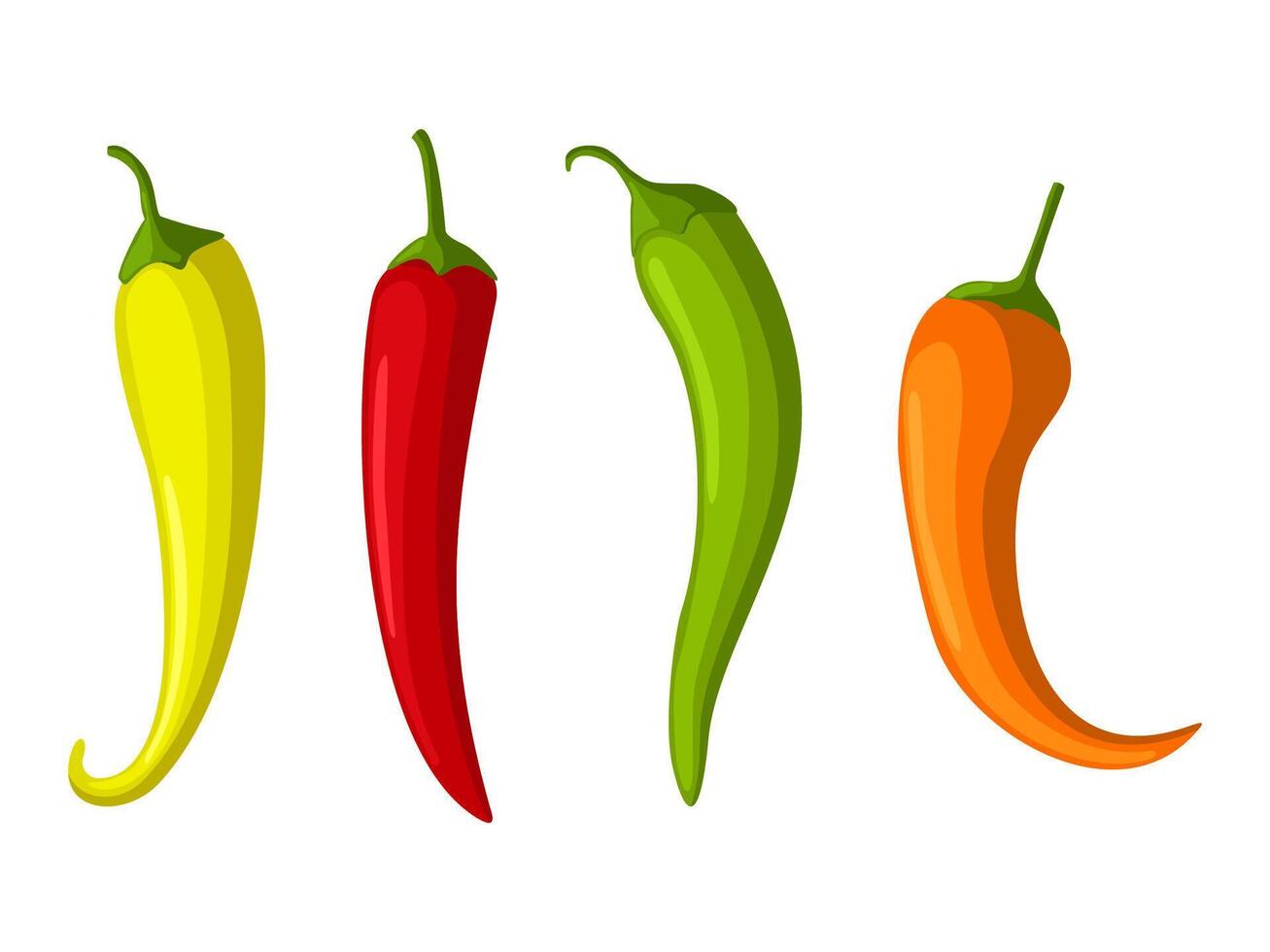 heiß Rot, Gelb und Grün kühl Pfeffer einstellen isoliert auf Weiß Hintergrund, Karikatur Mexikaner Chili, Paprika Symbol Zeichen. würzig Essen Symbole, Cayenne Pfeffer. Vektor Illustration.