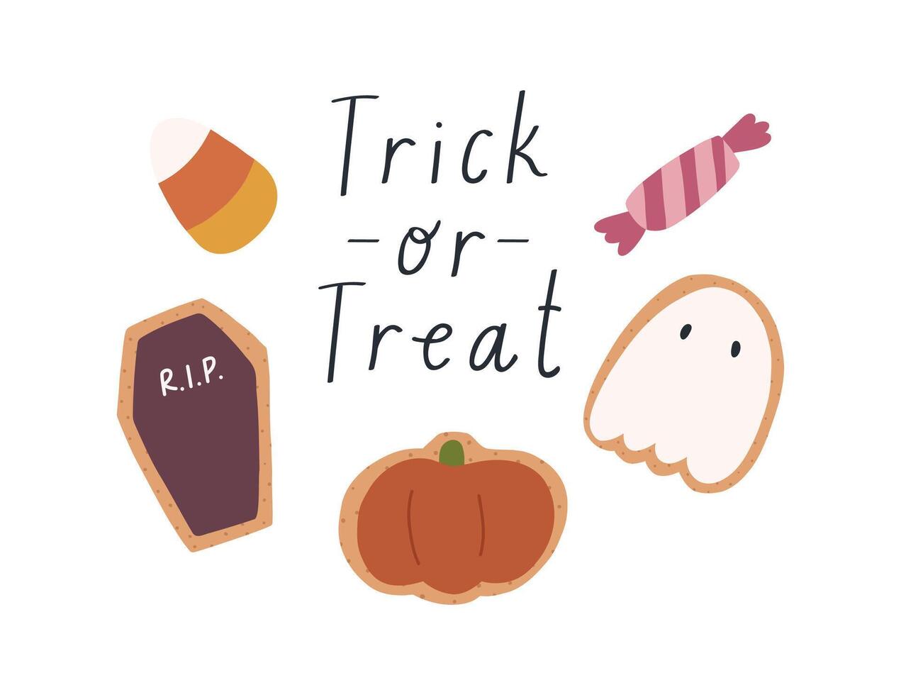 Trick oder behandeln Karte mit süß Kekse und Süßigkeiten, Karikatur eben Vektor Illustration isoliert auf Weiß Hintergrund. Hand gezeichnet Halloween Urlaub Süßigkeiten.
