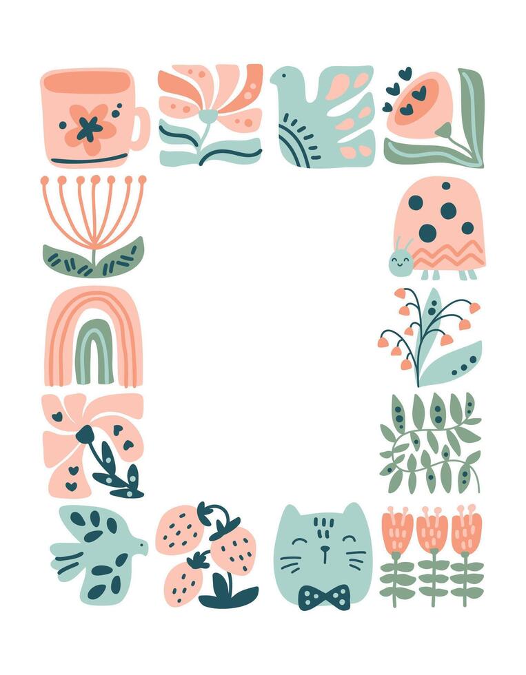 vektor vår etnisk logotyp sammansättning mönster ram bricka mosaik- av fågel, blomma, blad, jordgubb och gren. söt boho illustration i hand dragen konstruktör för scandinavian hälsning kort