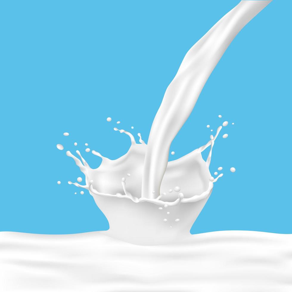 mjölkstänk med att hälla mjölk på blå bakgrund vektor