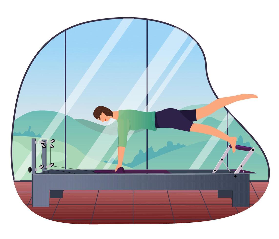 ein Frau führt aus Übungen auf ein Pilates Reformer. Hintergrund - - hoch Fenster, draußen das Fenster Dort ist Natur, Berge, Bäume, Blau Himmel. atmosphärisch. Vektor Illustration