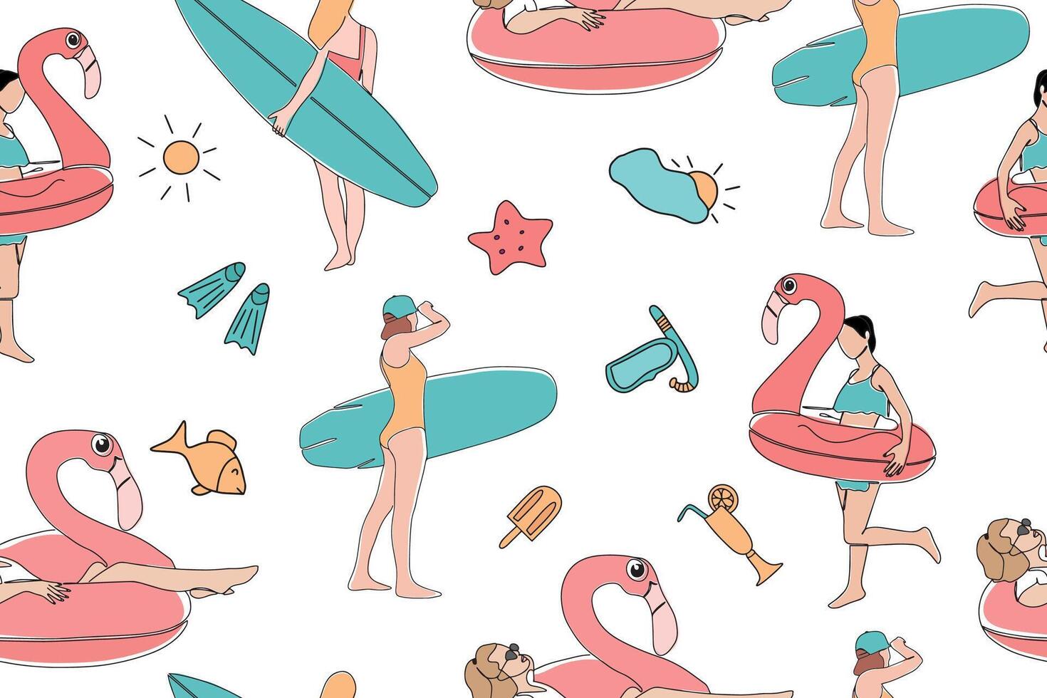 sömlös sommar mönster. flickor med surfingbrädor och ett uppblåsbar ringa i de form av en rosa flamingo. sommar fest. vektor illustration.