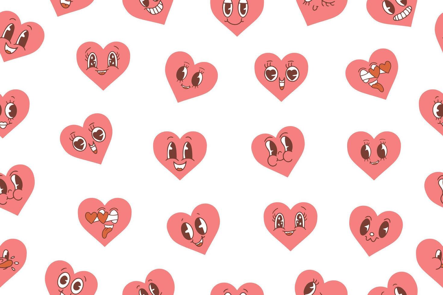 vektor mönster med söt tecknad serie rosa hjärtan.sömlös mönster för hjärtans dag. trendig retro tecknad serie hjärta tecken sömlös mönster. häftig stil, årgång, 70s 60s estetik. vektor