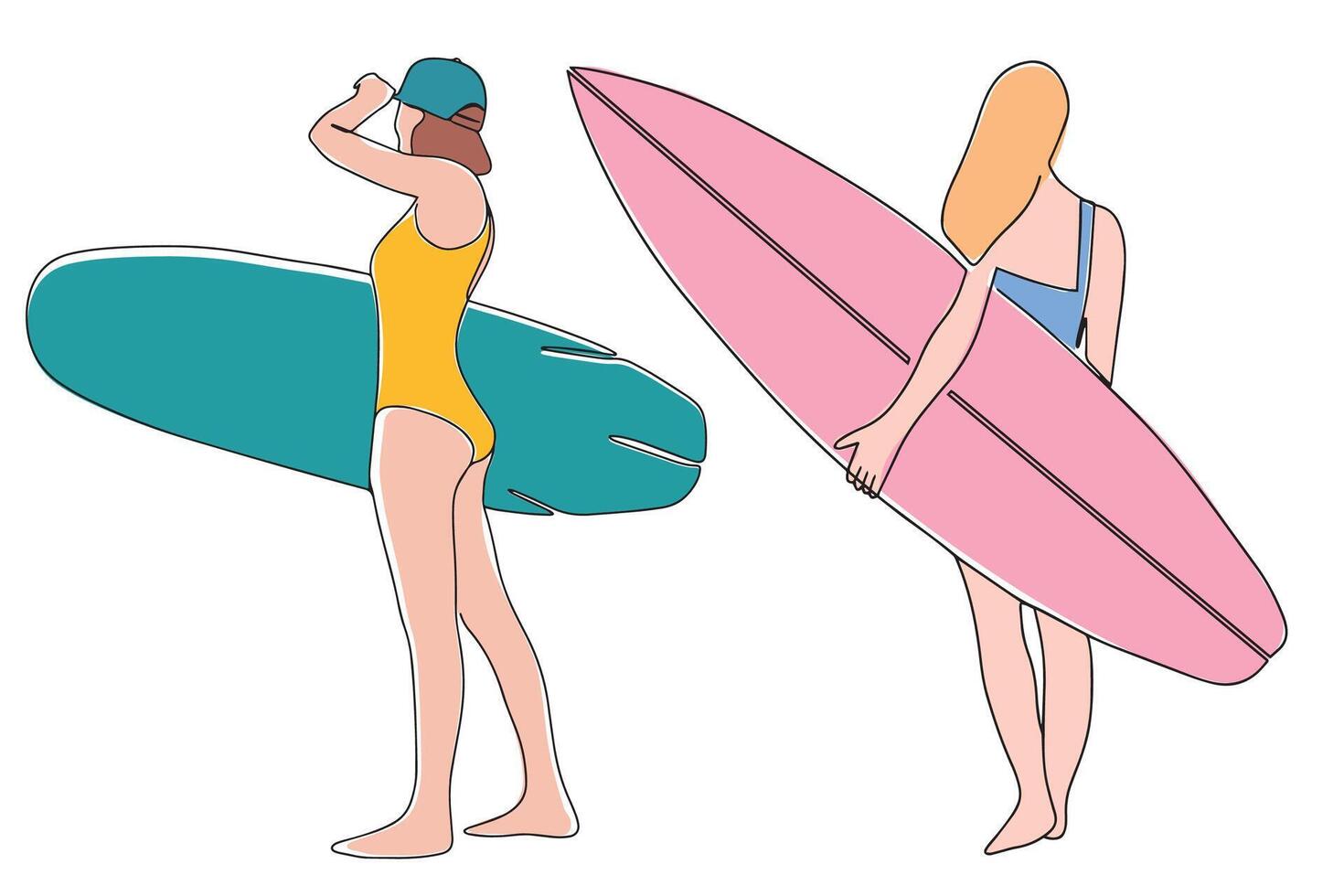 flickor med surfbrädor. internationell surfa dag baner. ett kontinuerlig linje teckning av surfare flickor. vektor illustration. vektor illustration